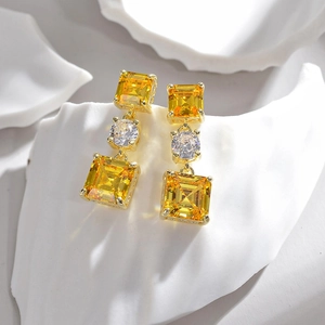 Geometric Square Zircon Drop Earrings Copper Emerald Cut Luxury Dangle Ear Jewelry For Women