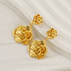 Orecchini Pendenti A Fiore Di Rosa Placcati Oro 18K Acciaio Inossidabile Doppia Camelia Eleganti Gioielli Vintage Per Donna