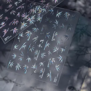 Bamboo leaf 3D nail stickers with shell luster and artistic Chinese calligraphy