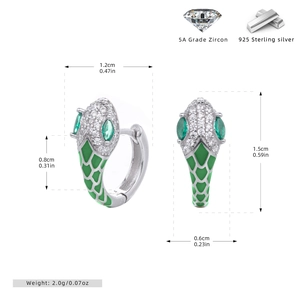 Detail view of 925 sterling silver snake earrings with dimensions and 5A zircon inlay
