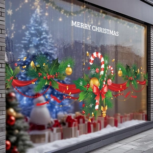 Merry Christmas static glass stickers with pine branch, candy cane and festive wreath decor