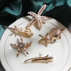 Ocean Theme Starfish And Shell Hair Clips Gold Alloy With Artificial Pearl And Rhinestone Hairpins Elegant For Women Party Wedding