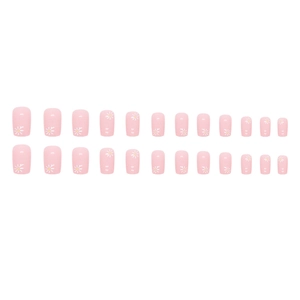 Pink press-on nails with daisy flower patterns in a medium-long square shape set of 24