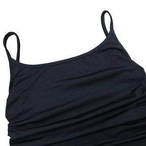 Detailed close-up of a black off-shoulder dress featuring thin straps and pleated fabric