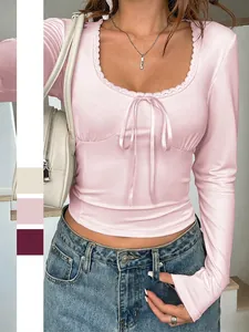 Damen Langarm T-Shirt Quadratischer Ausschnitt Spitze Schleife Slim Fit Crop Top Y2K Sexy Rippstrick Polyester Elasthan