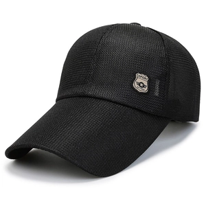 Men's black breathable mesh baseball cap with extra long brim and sport shield patch