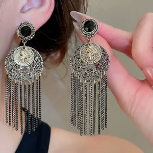 Retro Coin Portrait Long Tassel Earrings Alloy Rhinestone With 925 Sterling Silver Earring Post Hollow Circle Vintage