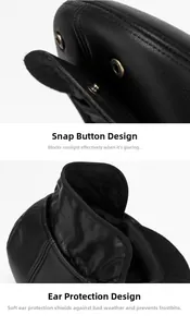 Detail of faux leather winter hat featuring ear flaps and metal snap button closure