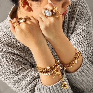 French style natural freshwater pearl bracelet and gold ring set with shell charms