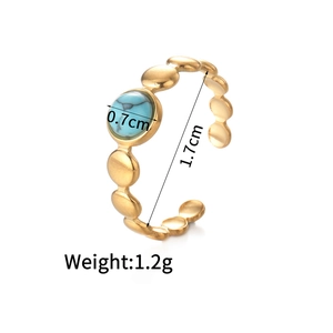 Detail of adjustable 14K gold stainless steel ring with a round turquoise gemstone
