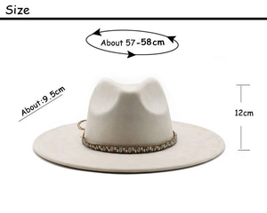 Detailed size specifications for beige suede fedora with bohemian beaded band
