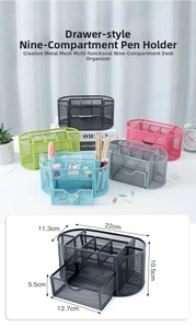 Close-up of nine-grid metal mesh desk organizer with drawer and detailed dimensions