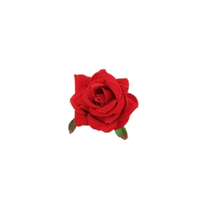 French retro red fabric rose hair clip with green leaves on white background