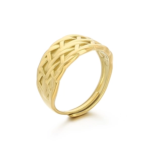 Exaggerated golden woven stainless steel open ring with irregular leaf texture design