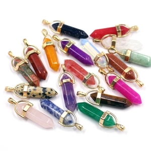 Assorted hexagonal crystal pillar pendants in various natural stones with gold metal clasps