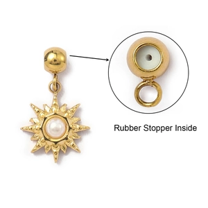Detail of sunflower pendant with pearl center and rubber stopper position bead feature