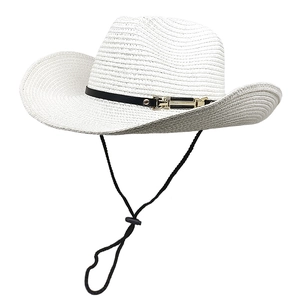 Detail view of woven straw hat featuring a black leather band with golden metal buckle