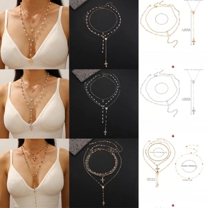 Detailed spec sheet and grid view of multilayer alloy cross necklaces in three finishes