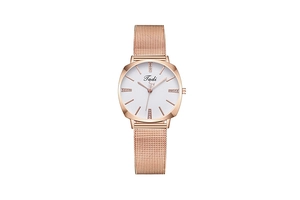 Detail of rose gold ladies' watch with Milanese mesh strap and crystal hour markers