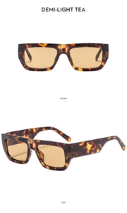 Front and side views of vintage tortoiseshell rectangle sunglasses with tea lenses