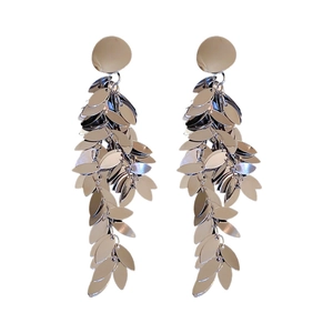 Elegant silver leaf sequin long tassel earrings with metallic finish for women fashion