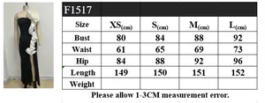 Detailed size guide table for black strapless mermaid dress with white floral decor