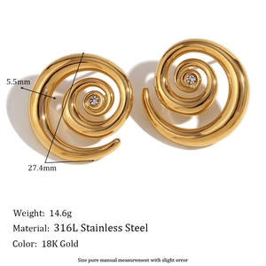 18K gold plated stainless steel swirl earrings with micro-inlaid cubic zirconia accents