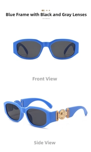 Detail of blue frames with dark grey lenses and gold circular metal temple accents