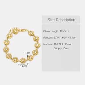 Detail view of 18k gold plated daisy flower bracelet with dimensions and zircons