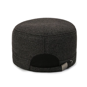 Winter men's dark gray wool cadet cap with warm ear protection and adjustable strap