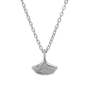 Minimalist silver ginkgo leaf pendant necklace in stainless steel on white background