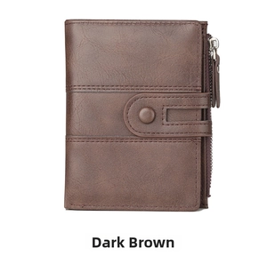 Detail of dark curry PU leather wallet showing side zipper and snap button closure