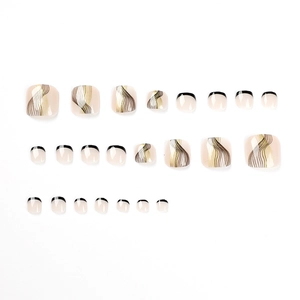 Faux ongles d'orteils carrés brillants avec French noire et motifs de lignes dorées