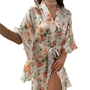 Peignoir en satin à fleurs pour femmes avec col en V élégant et ceinture à nouer