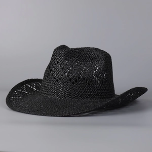 Macro shot of the black woven straw texture and breathable mesh pattern of the sun hat