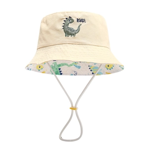 Kids beige cotton bucket hat with dinosaur embroidery and adjustable chin strap