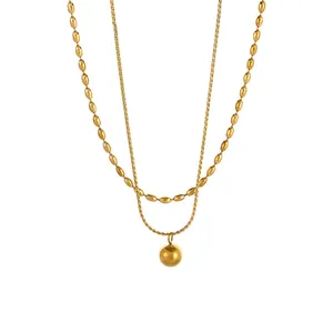 Collier Double Rang Acier Titane Plaqué Or Pendentif Boule Perle Ronde Minimaliste Chaîne De Clavicule Pour Femmes