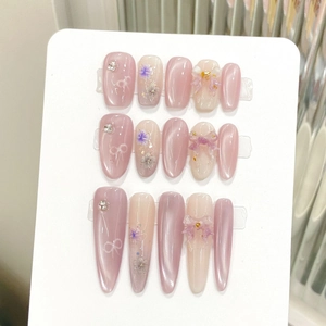 Handmade Press On Nails 3D Flowers Cat Eye Gradient Rhinestone Artificial Pearl Bow Decor Long Almond Stiletto Shape