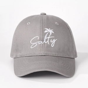 Gray cotton baseball cap featuring white Salty text and palm tree embroidery detail