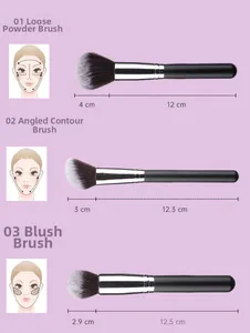 Detailed size chart of professional makeup brushes with dimensions and fiber bristles