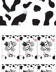 Detailed grid layout of cow print foil balloon sets featuring numbers and animal shapes