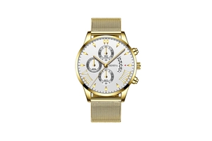 Detail of gold quartz watch with three sub-dials and date window on white face