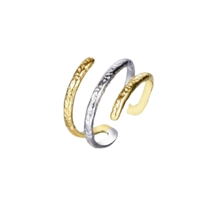 Irregular S925 sterling silver open ring with dual-tone gold and silver hammered texture