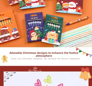 Detail view of 8-color Christmas crayon set featuring festive packaging and wax crayons