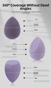 Detail of lilac makeup sponge set showing teardrop and slanted shapes for face contouring