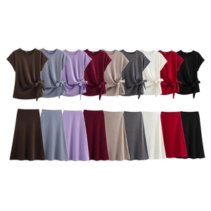 Knit Short Sleeve Top And Midi Skirt With Side Tie Bow Round Neck Casual A-Line For Women