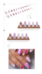 Vue détaillée des faux ongles amande avec motifs papillon violet et damier floral chic