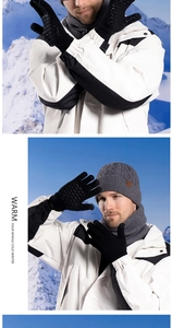 Close-up of winter knit set including gray textured hat, neck warmer and black gloves