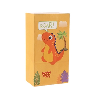 Bright yellow cartoon dinosaur gift bag with Roar text and leaf patterns