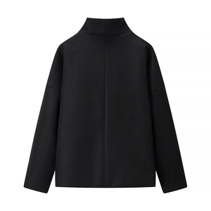 Detailed back view of a black wool jacket featuring drop shoulder seams and premium texture